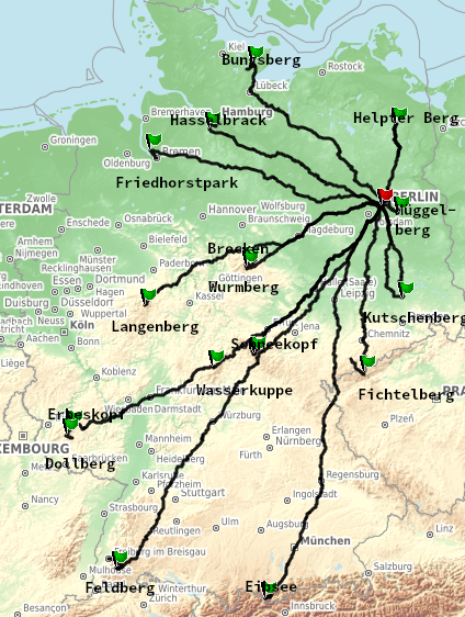 Übersichtskarte Deutschland mit Route zu Gipfeln